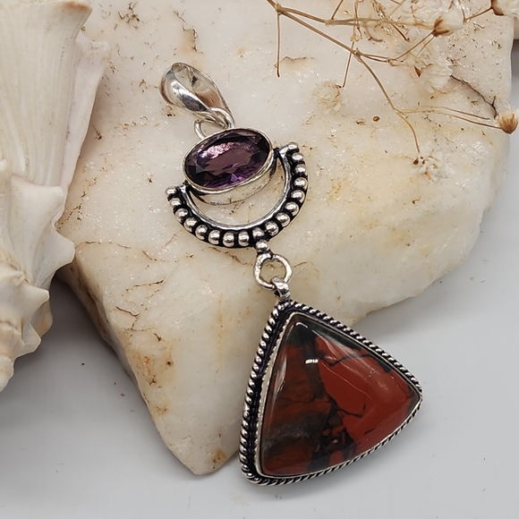 Natural Natural Amethyst Stone Purple Quartz/Jasper Crystals Silver 925 Pendant - Picture 6 of 9
